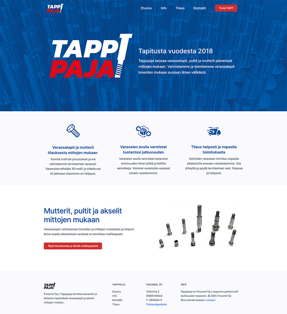 Kotisivujen toteutus - Finconel Tappipaja - Lineaari